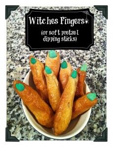 Witches Halloween Finger Recipe - Soft pretzel dipping sticks - Witch finger pretzels